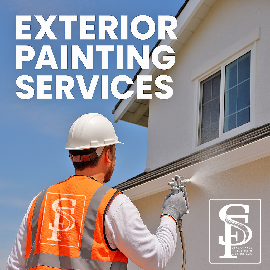 A high-resolution digital photograph showcases a professional painter applying fresh paint to the exterior siding of a residential home. The sunlit surface shows a clear contrast between the newly painted and unpainted sections, highlighting the quality and precision of the exterior work