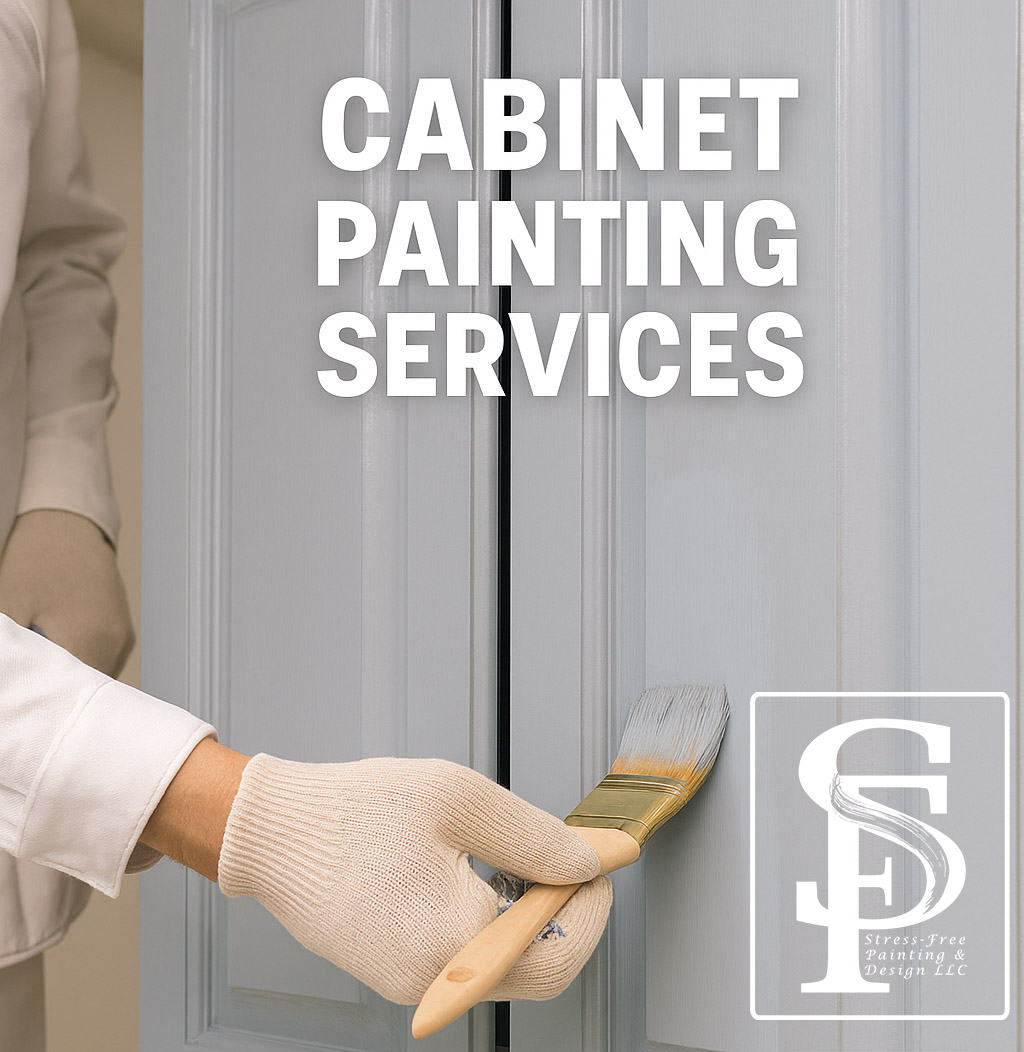 A promotional image shows a professional painter applying a smooth, even coat of paint to a kitchen cabinet door using a brush. The cabinet surface is prepped and partially painted, highlighting the transformation process and fresh, modern finish.
