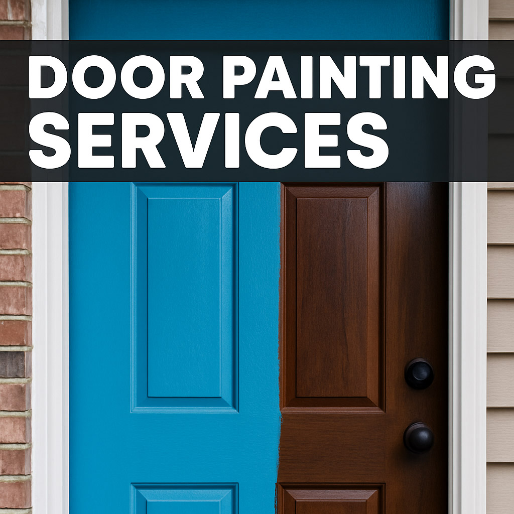 A photograph showcases a door painting service in progress, with a painter applying a fresh, vibrant coat of paint to a front door. Part of the door is already painted, creating a striking contrast with the unpainted section, highlighting the quality of the finish.