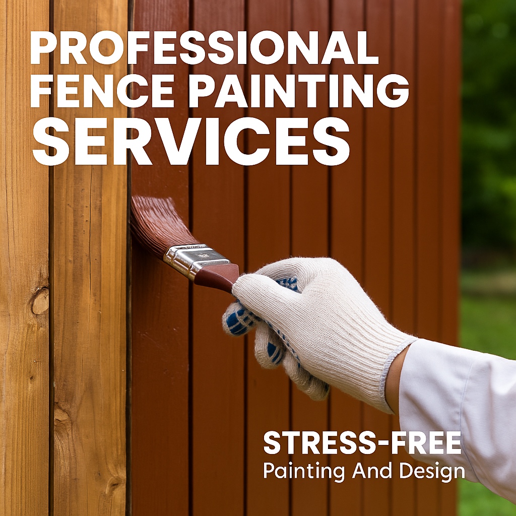 A high-resolution photo shows a professional painter applying fresh, smooth paint to a wooden backyard fence using a brush, highlighting careful craftsmanship and even coverage. The newly painted fence gleams with a clean, vibrant finish.