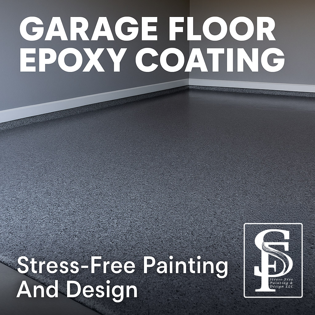 A high-resolution photo shows a freshly applied, smooth, glossy epoxy coating on a residential garage floor. The surface gleams under the light, showcasing its durable, slip-resistant, and professional finish.