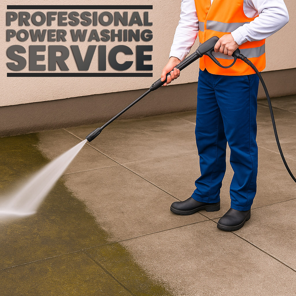 A high-resolution photo captures a dramatic contrast between a power-washed section of a concrete surface and a still-dirty area, clearly showing the bright, clean result. A professional holds a power washer, spraying away dirt and grime with precision.